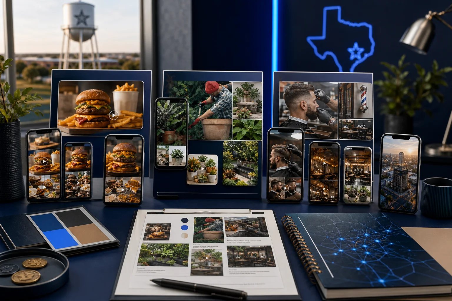 Multiple polished social media ad concepts for Frisco restaurants, home services, and barbershops